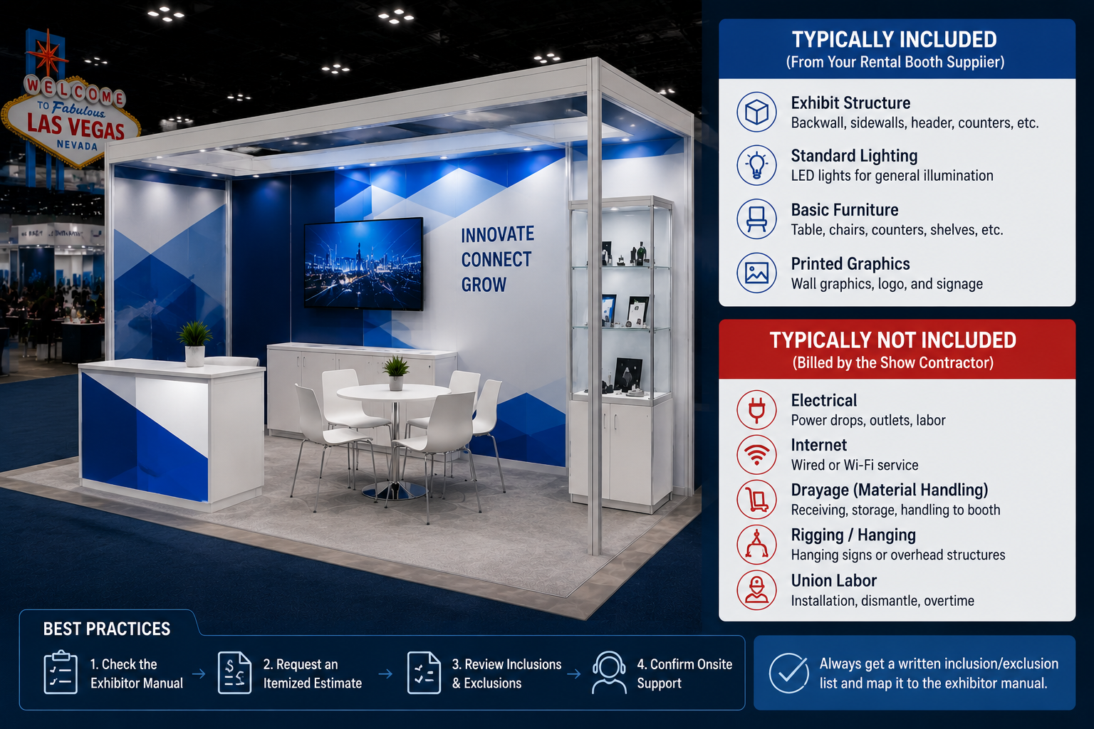 Las Vegas trade show booth rentals scope diagram showing inclusions and exclusions